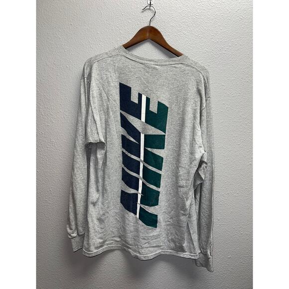 Vintage Nike Long Sleeve Shirt Blue Green Logo Tee USA Made 90s 1990s Medium - Picture 1 of 9